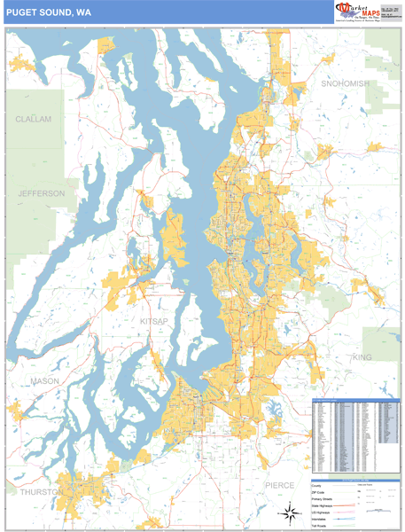 Puget Sound Metro Area Wall Map Basic Style